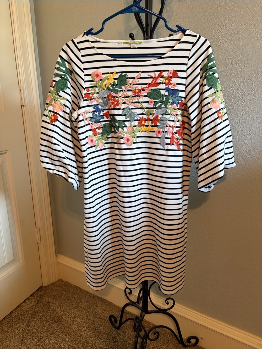 Gianni Bini Black & White Striped Top with Multicolor Floral Embroidery